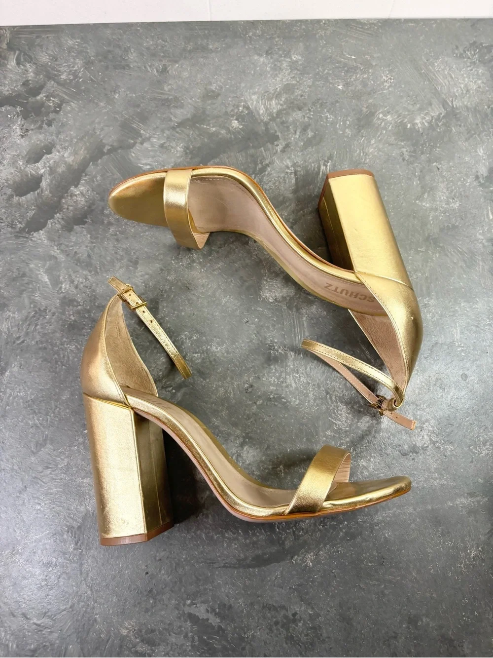 Schutz Cadey Lee gold block sandals heels metallic leather ankle strap size 9.5
